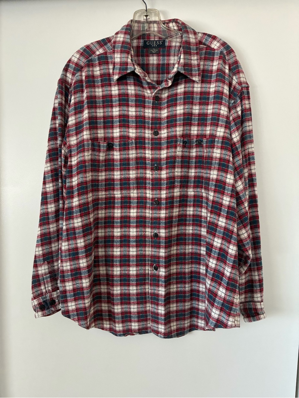 Men’s Guess Red, White, & Blue Button Down Flannel Shirt Size XL